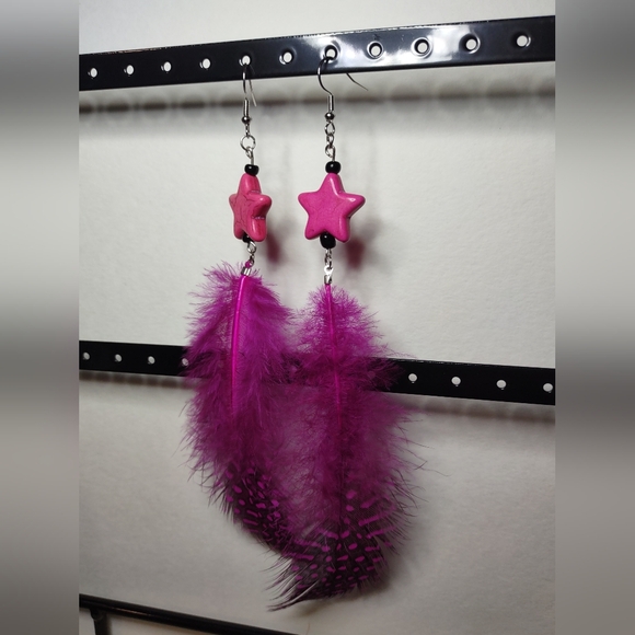 Handmade Pink Glass Star Earrings with Feathers - Picture 2 of 8